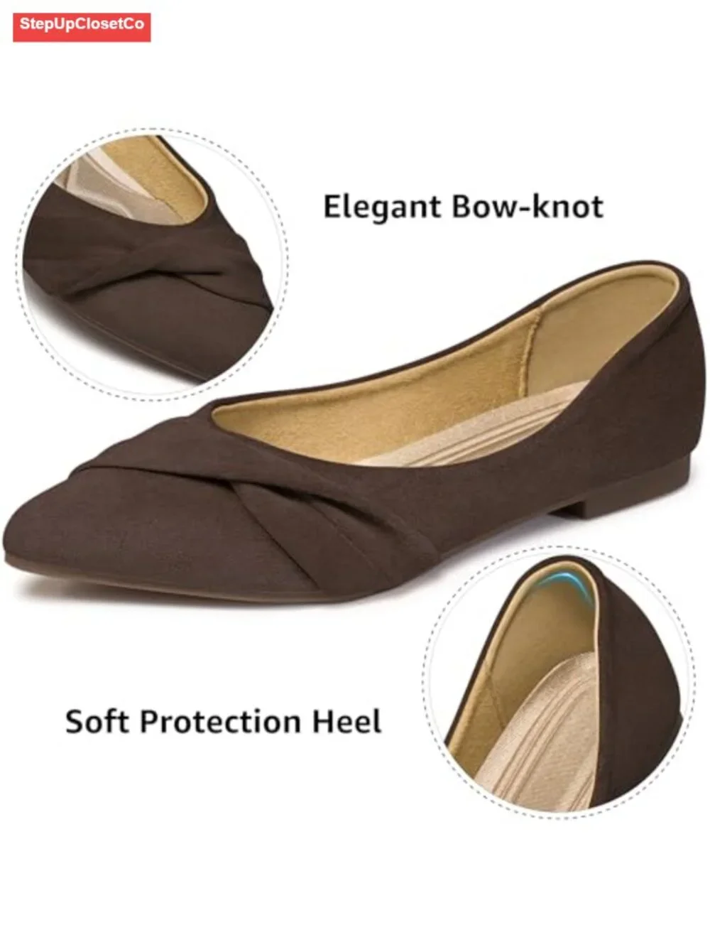 Faux Suede Pointed Toe Ballet Flats - Slip On Comfort Shoes for Office Work